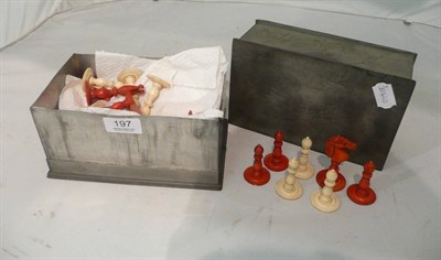 Lot 197 - Stained bone chess set in pewter box