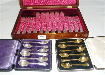 Lot 198 - Cased set of silver teaspoons, cased set of six silver-gilt teaspoons and a set of six plated...