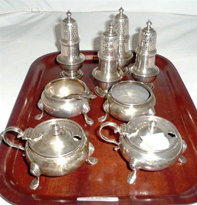 Lot 199 - Four silver pepperettes, two salts, two mustards and three spoons, 22.5oz all in