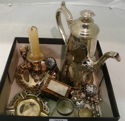 Lot 202 - A pomander stamped 'STERLING', wine labels, knife rests, a tea diffuser, chamber stick, coffee pot