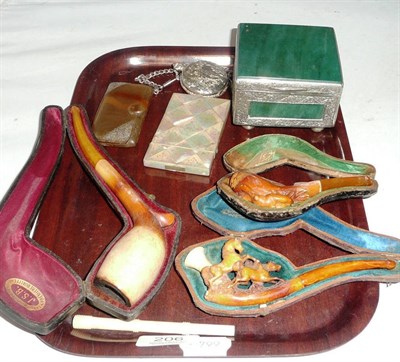 Lot 206 - A mother-of-pearl card case, three Meershaum pipes, a white metal and greenstone box, etc