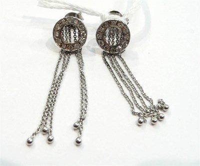 Lot 239 - A pair of 18ct white gold diamond-set loop and tassel drop earrings