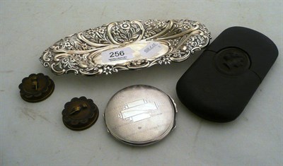 Lot 256 - Two Victorian whist markers, silver compact, silver dish and a Victorian jet-mounted holder