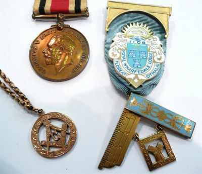 Lot 262 - A 9ct gold Masonic fob, a silver gilt and enamel Masonic breast jewel and a Special...