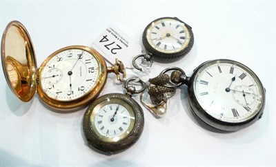 Lot 274 - Three silver pocket/fob watches, a Waltham 14ct plated watch and three rings