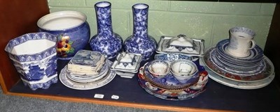 Lot 298 - Shelf of blue and white pottery including pair of Losol vases, Cauldon planter, plate, tea...