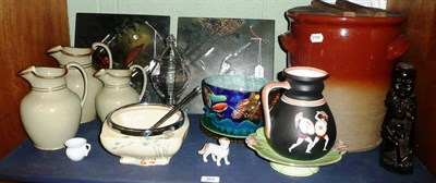 Lot 301 - Set of three graduating Wedgwood jugs, Royal Winton cake stand, Coronware bowl, cabbage ware plate