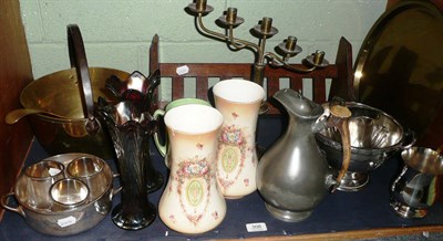 Lot 308 - Oak book trough, silver plate, jam pan, pewter jug, pair of Crown Devon vases and a pair of...