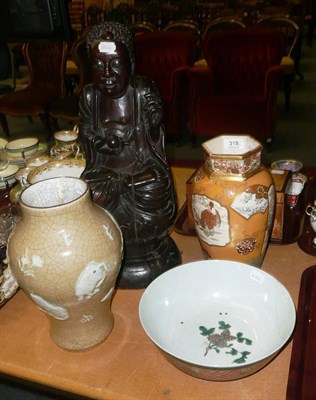 Lot 318 - A large carved hardwood Buddah, Satsuma vase and two other items