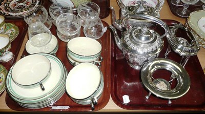 Lot 321 - Two plated kettles on stands, six Spode soup bowl on stands, glass sunday dishes etc