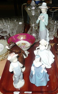 Lot 326 - Two Lladro figures, two Coalport figures, a Limoges comport and a USSR otter