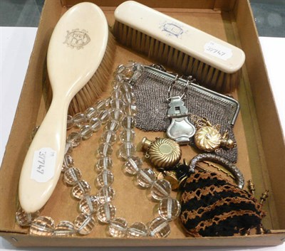 Lot 367 - Two bead necklaces, mesh purse, paste shoe buckle, scent bottles and hare buttons etc