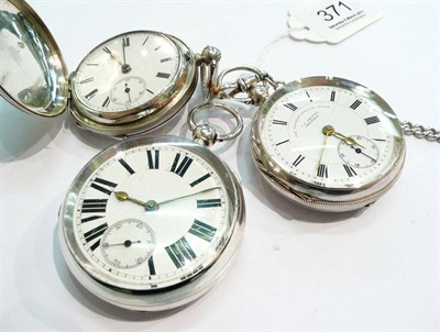 Lot 371 - A silver full hunter lever pocket watch, two silver open faced lever pocket watches and a...