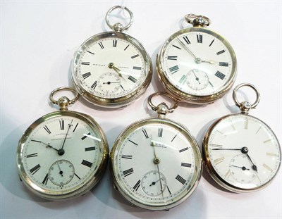 Lot 374 - Five silver open faced lever pocket watches