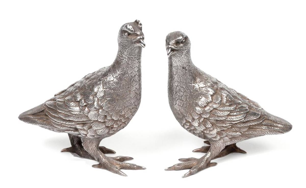 Lot 321 - A Pair of Elizabeth II Silver Grouse Table Ornaments, C J Vander Ltd, Sheffield 2003, realistically