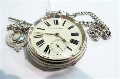 Lot 378 - A silver open faced pocket watch and a silver watch chain and silver medal