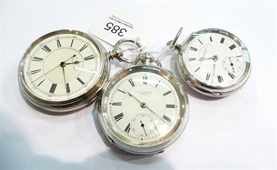 Lot 385 - A silver chronograph pocket watch and two silver open faced lever pocket watches (3)