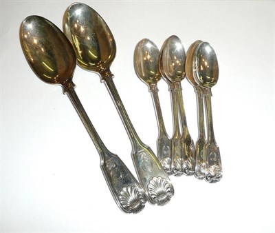 Lot 390 - Two Victorian silver tablespoons and five teaspoons each engraved with a horseshoe