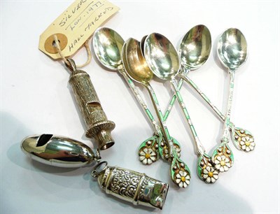 Lot 403 - A set of six silver and enamel coffee spoons, silver whistle and two others