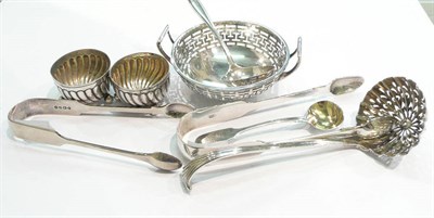 Lot 412 - Pierced silver twin-handled dish, a pair of silver salts, Victorian silver sifting spoon,...