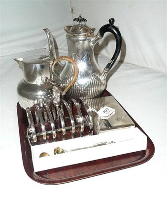 Lot 427 - Plated sandwich box, plated toast rack, plated teapot, plated jug and plated condiment spoons...