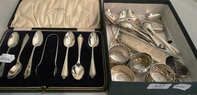 Lot 437 - A quantity of silver including a vesta case, cased set of silver teaspoons, scissor case,...