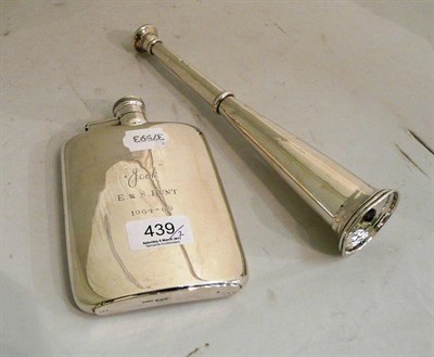 Lot 439 - Silver hunting flask inscribed 'Jock' E R S Hunt 1964-9 and a silver hunting horn