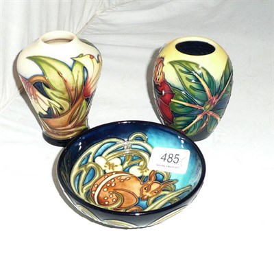 Lot 485 - A Moorcroft 'Fallow Deer' dish designed by Kerry Goodwin, numbered 106/150 (boxed), a Moorcroft...