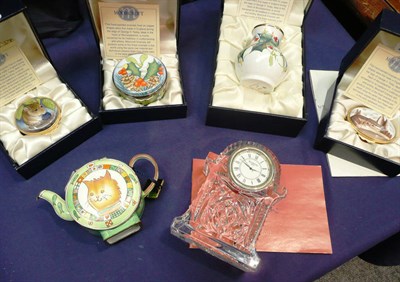 Lot 502 - Four Moorcroft enamels (boxed) a Waterford Clock and Charlotte Di Vita enamel teapot