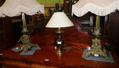 Lot 545 - A pair of 19th century gilt brass paw-foot lamps (adapted to electricity) and a Carltonware...