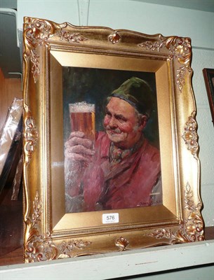 Lot 576 - Oil on board by Oliver Silk, gentleman with beer