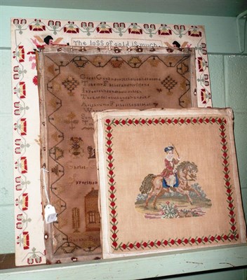 Lot 578 - Sampler by Sarah Bivan, wool work picture of a child on a pony and another sampler (3)