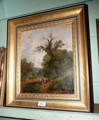 Lot 581 - Follower of Miles Birkett-Foster, children on a country track by an ancient oak tree,...