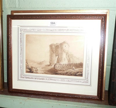 Lot 584 - Sepia watercolour and a Continental landscape watercolour