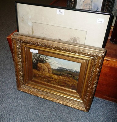 Lot 593 - Gilt-framed oil on board 'Haystacks' and an engraving