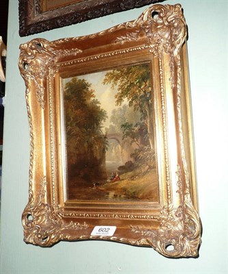 Lot 602 - English School, circa 1870, figures by a river and a single span bridge, oil on panel