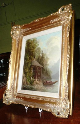 Lot 626 - Continental School, late 19th century, figures in a punt by an Alpine boat house, oil on panel