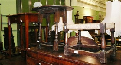 Lot 672 - Mahogany side table, oak stool and a small oak gateleg table