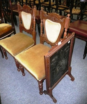 Lot 705 - A pewter oak firescreen and two Victorian side chairs