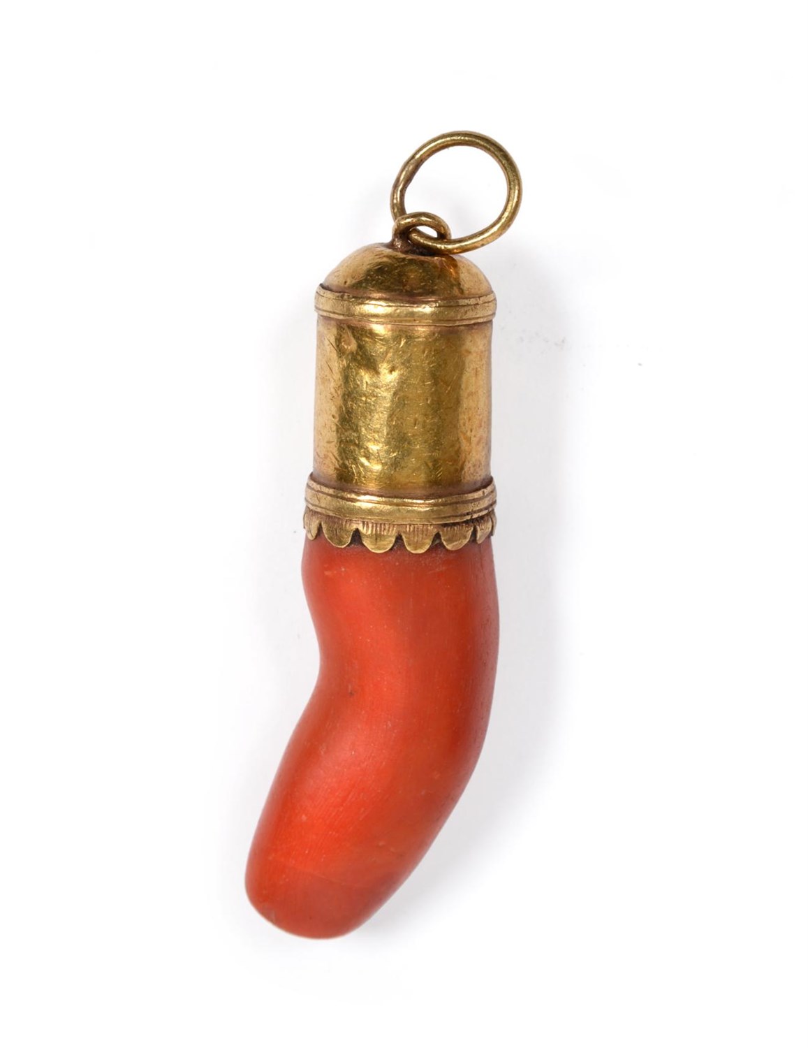 Lot 376 - A Coral Amulet, possibly 17th century, the deep red coral pendant of natural form, mounted in a...