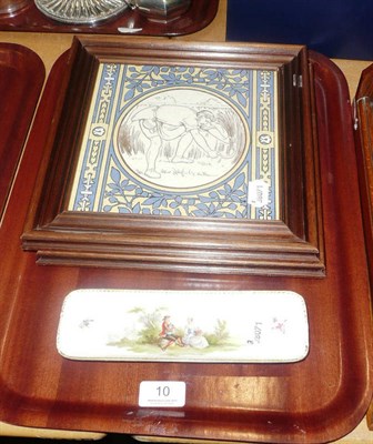 Lot 10 - Two late 19 century framed tiles and a Continental spoon tray