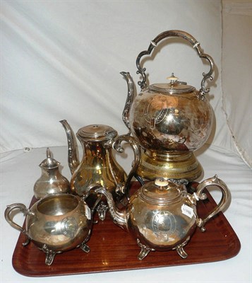 Lot 17 - Plated tea service and matching kettle on stand