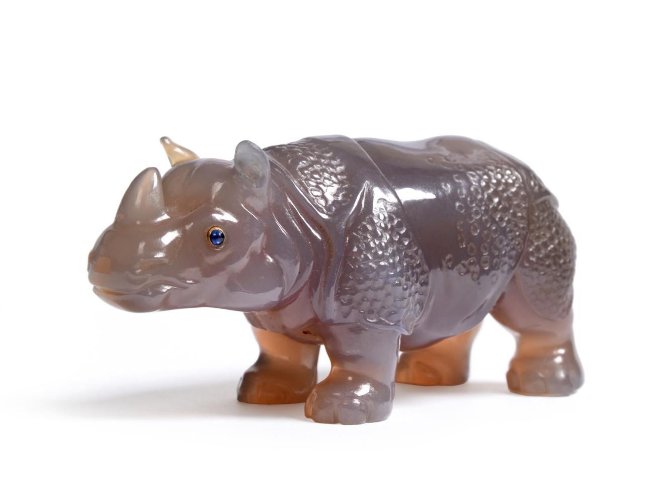Lot 377 - A Faberge Style Carved Agate Model of an Indian Rhinoceros, 20th century, realistically carved with