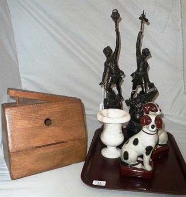 Lot 33 - A pair of Spelter figures, an alabaster urn, two ceramic dogs and a shoe cleaning box