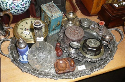 Lot 41 - Silver collared decanter (lacking cover), silver plated trays, Mouseman ashtray, silver topped...