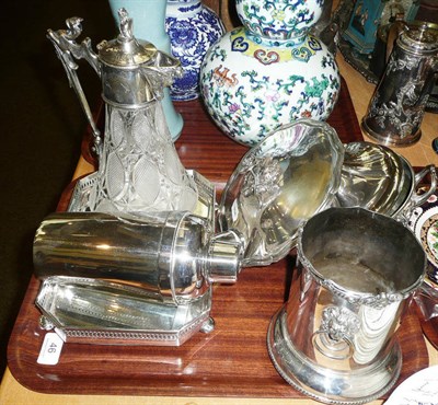 Lot 46 - Silver plated claret jug, two tureens, rectangular dish, bottle holder and a cocktail shaker