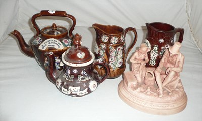 Lot 47 - Pink tinted Parian group 'Little Nell and her Grandfather', Measham ware kettle and jug etc