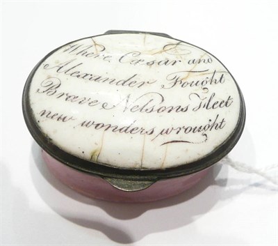 Lot 55 - Pink enamel patch box inscribed 'Where Caesar and Alexander fought brave, Nelsons fleet new wonders