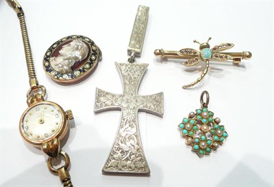 Lot 58 - Small quantity of jewellery including a cross pendant, Omega lady's wristwatch, 9ct gold dragon fly