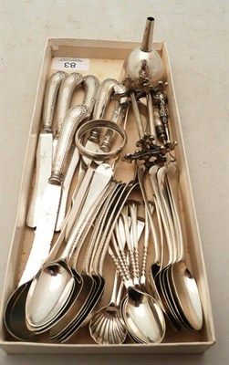 Lot 83 - Assorted silver teaspoons, pistol grip, fruit knives, plated ware etc, 7.5oz weighable